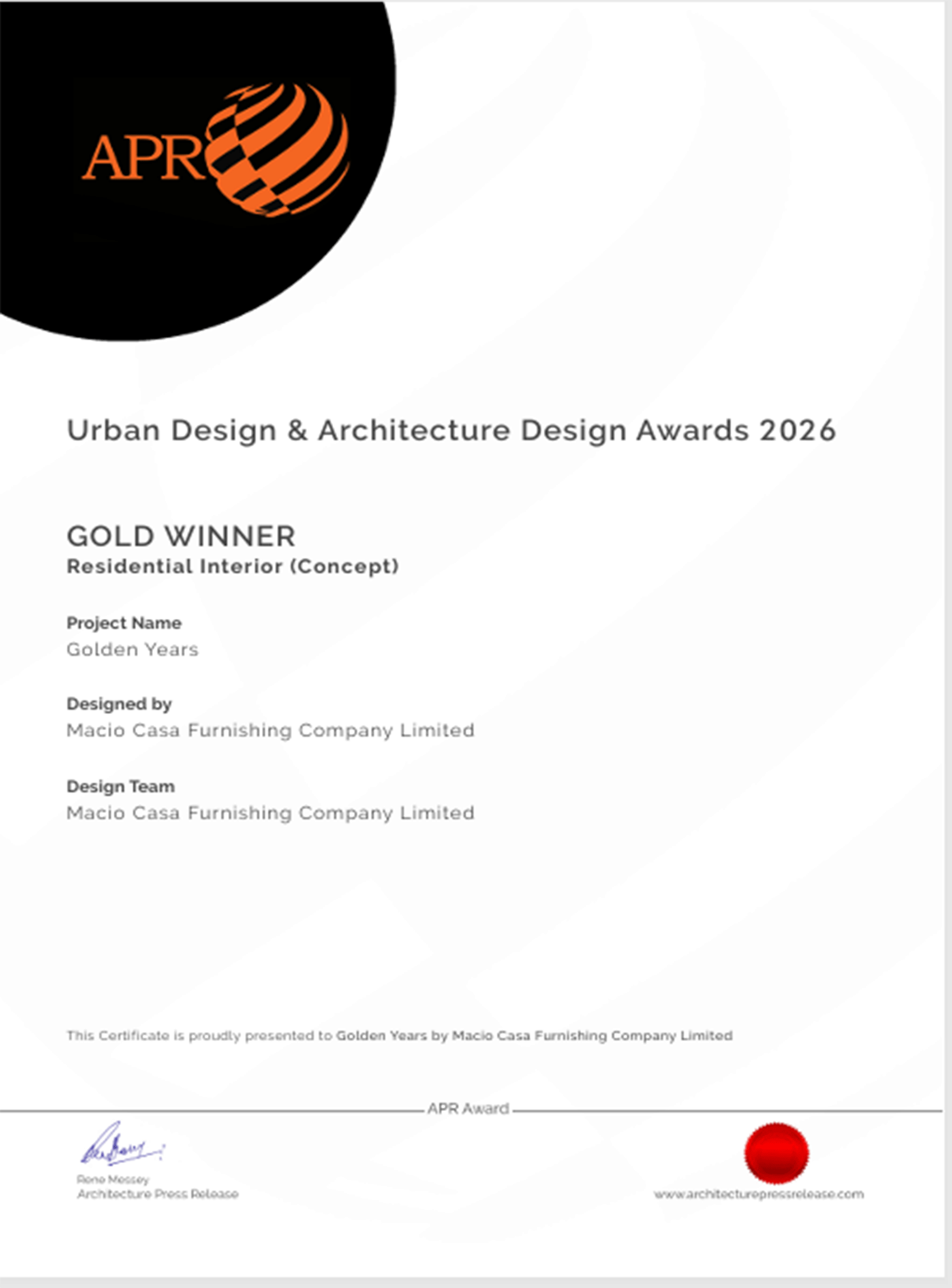Golden Years Wins Gold Award at the 2026 Urban Design & Architecture Design Awards